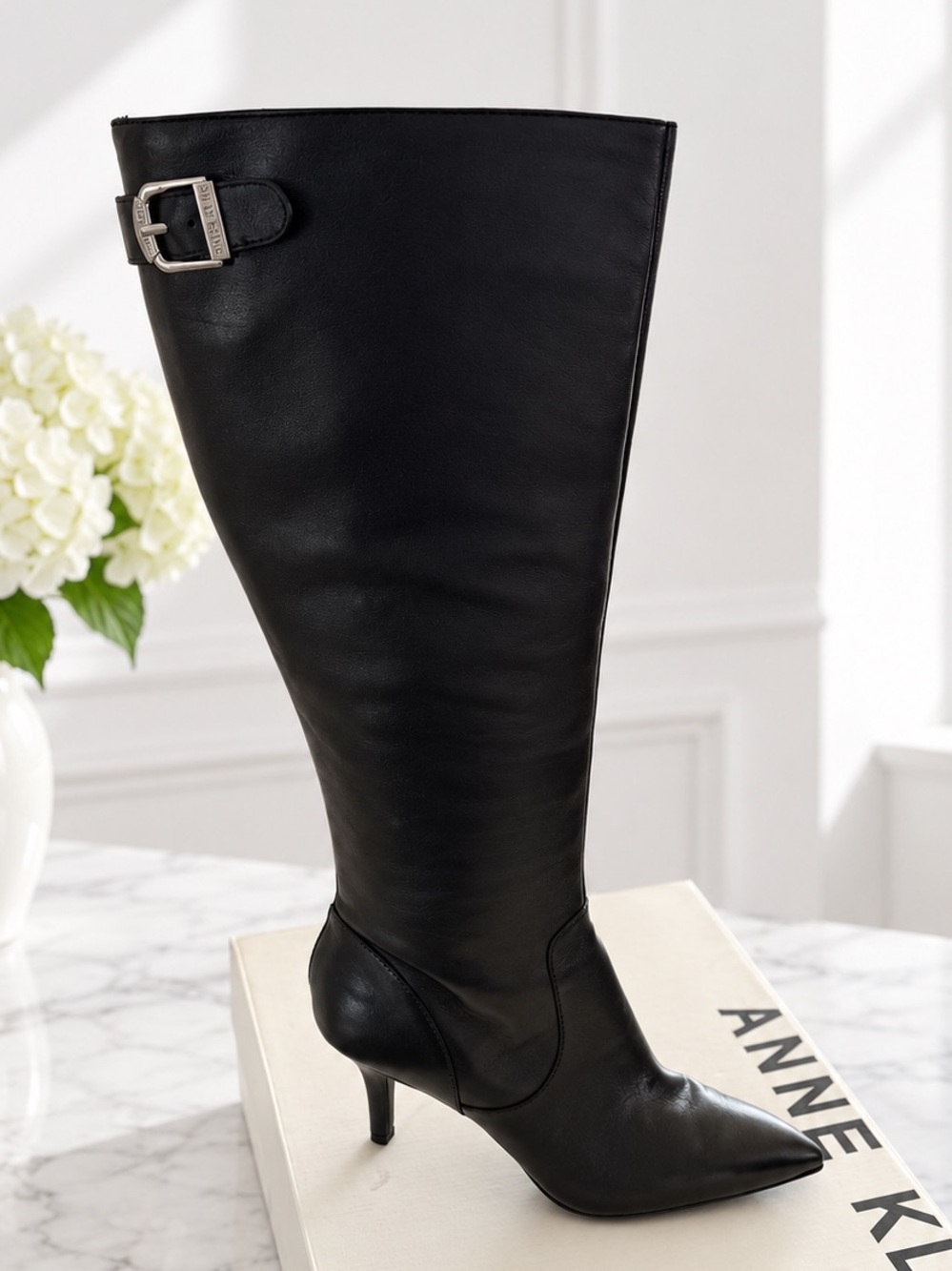 Anne Klein Black Knee-High Pointed Toe Stiletto Boot with Buckle